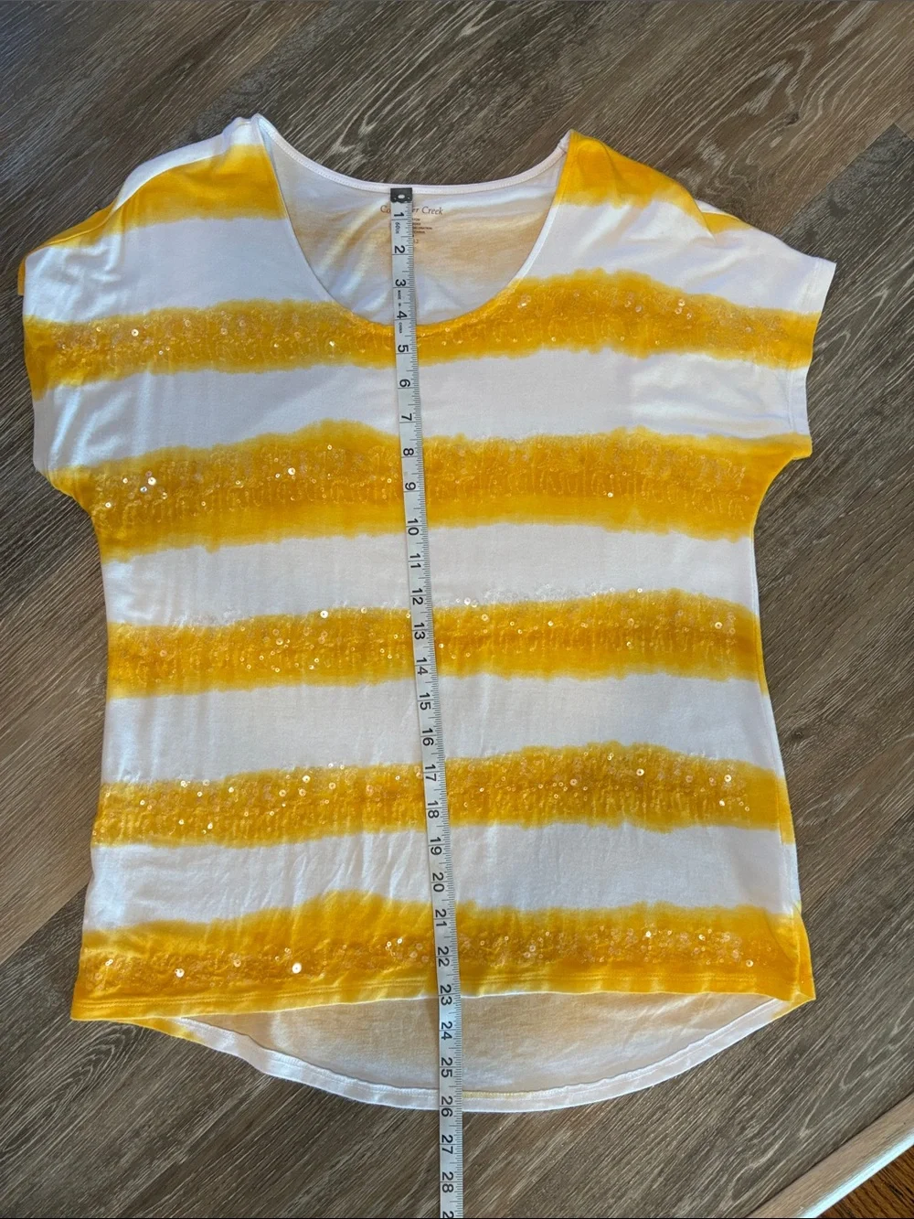 Coldwater Creek White and Yellow Striped Sequin Short Sleeve Tee